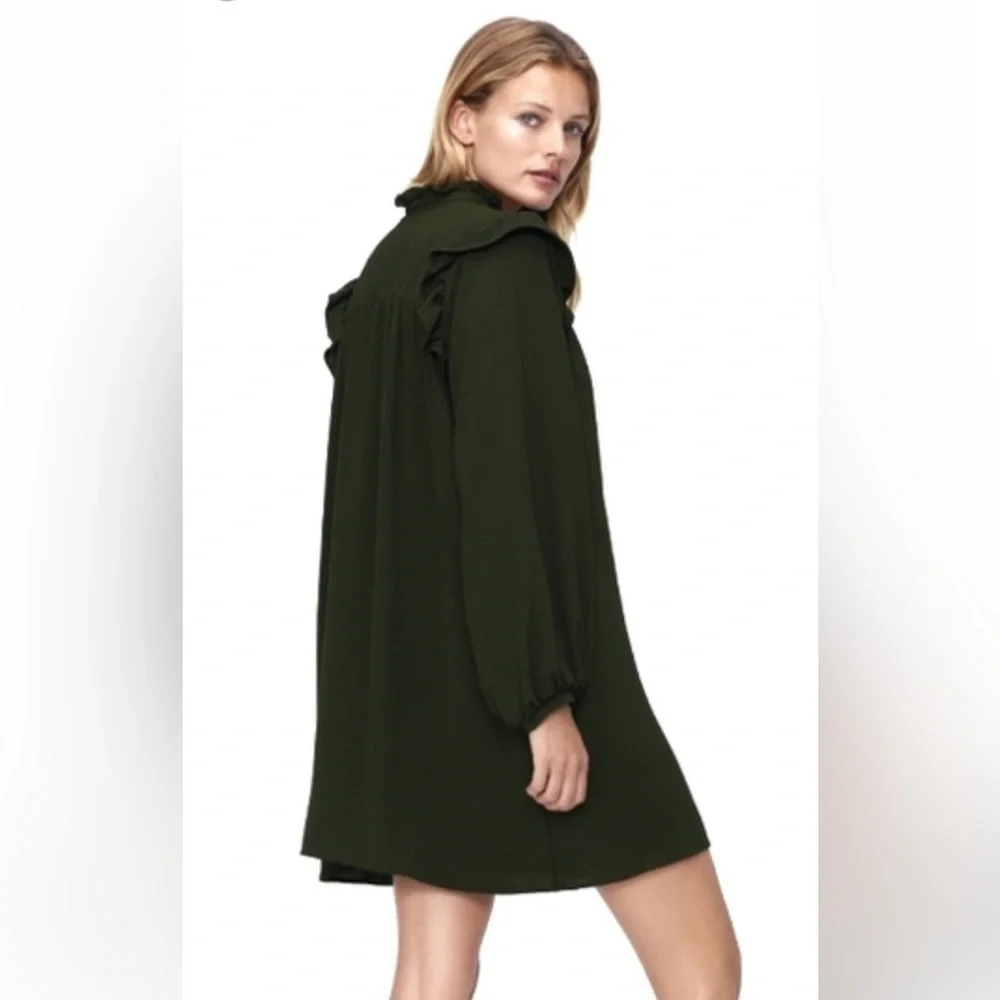 ZARA Women’s Olive Green Ruffle High  Neck Mini Dress Size M - Picture 2 of 7